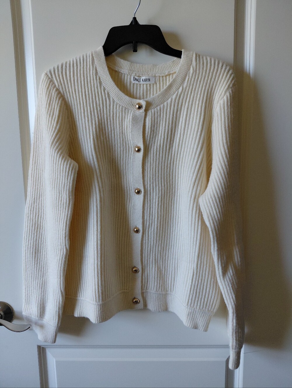 GRACE KARIN Knit Sweater Cream Ribbed Button-Up Women's Cardigan Sweater